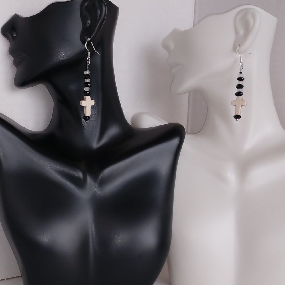 Handmade Earrings with White Stone Crosses and Black & White Beads 2.25 Inch NWT